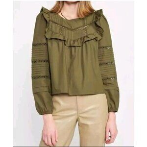 En Saison Reni Army Green Ruffle Long Sleeve Poplin Blouse Women's Size XS